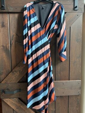 Halogen Diagonal Stripe Wrap Dress in Navy, Rust & Blush